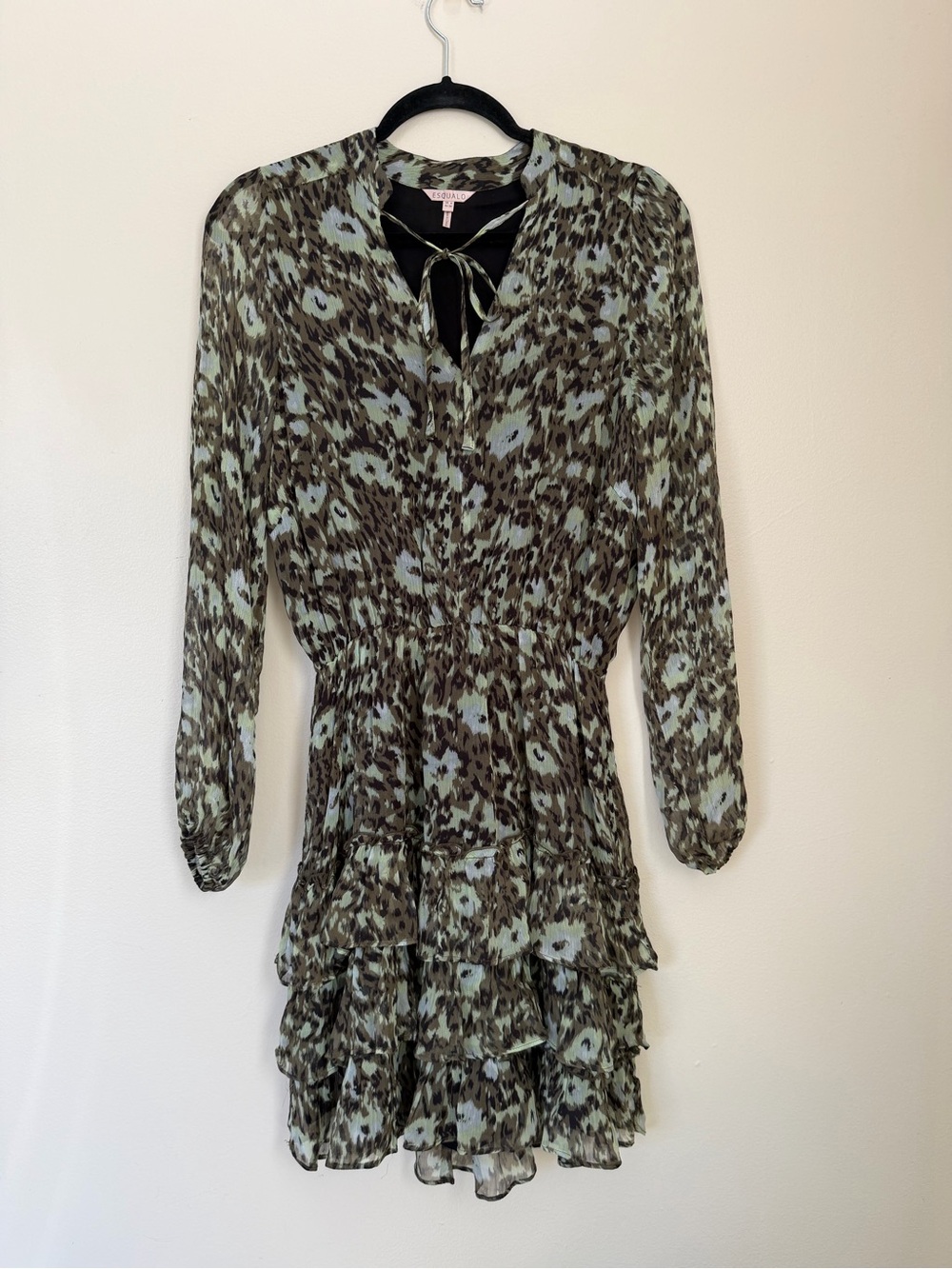 ESQUALO Olive Green & Light Blue Ruffle Tiered Tie-Neck Tunic Size Small 4